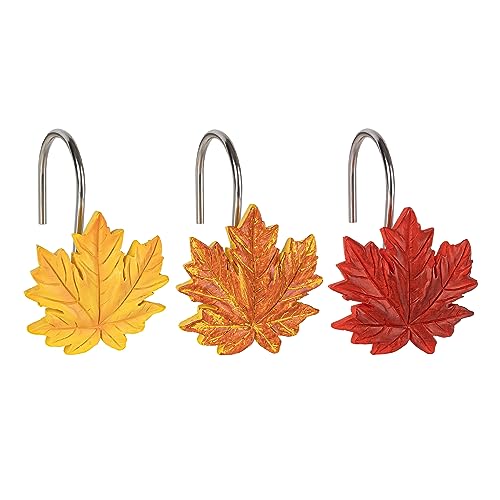 Sunlit Fall Autumn Decorative Shower Curtain Hooks, Pumpkin Maple Leaf Squirrel Acorn Shower Curtain Rings, Resin, Orange Leaves Cute Bathroom Curtain Hangers Decoration, Set of 12