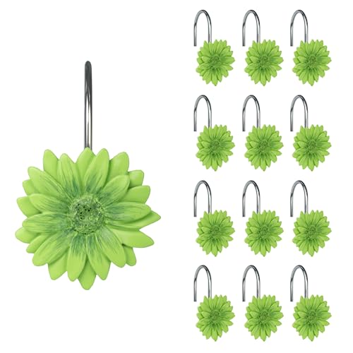 Sunlit Green Daisy Shower Curtain Hooks, Home Decorative Shower Curtain Rings for Bathroom, Resin, Summer Floral Shower Curtain Hanger Hooks for Living Room, Set of 12