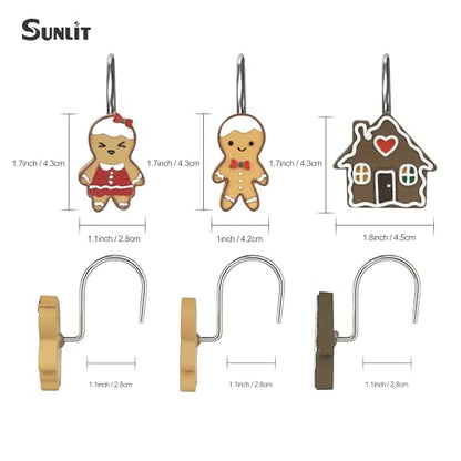 Sunlit Christmas Decorative Shower Curtain Hooks, Cute Gingerbread Man Cookie Shower Curtain Rings, Xmas Winter Holiday Bathroom Decoration for Kids Girls Boys Children, Resin, Set of 12