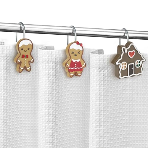 Sunlit Christmas Decorative Shower Curtain Hooks, Cute Gingerbread Man Cookie Shower Curtain Rings, Xmas Winter Holiday Bathroom Decoration for Kids Girls Boys Children, Resin, Set of 12