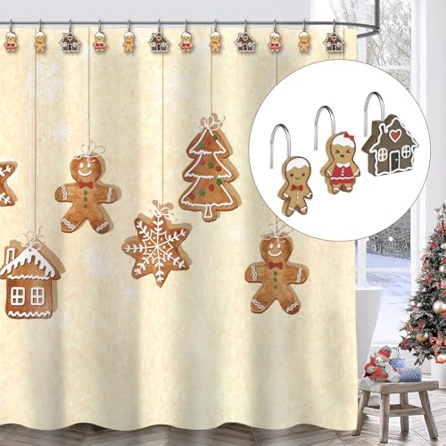 Sunlit Christmas Decorative Shower Curtain Hooks, Cute Gingerbread Man Cookie Shower Curtain Rings, Xmas Winter Holiday Bathroom Decoration for Kids Girls Boys Children, Resin, Set of 12