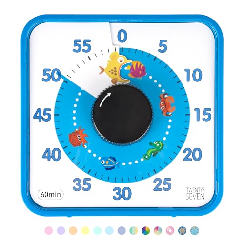 Visual Timer 7.5 inch, 60-Minute Countdown Timer for Kids Classroom Teaching Tool Office Meeting, Mechanical Countdown Clock for Exam Time Management Magnetic Kitchen Timer with Fish Pattern, Blue