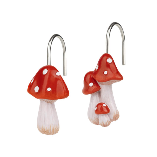 Sunlit Mushroom Decorative Shower Curtain Hooks, Cute Shower Curtain Rings for Bathroom, Resin, Cottage Decor Shower Curtain Hanger Hooks for Kids, Set of 12, Red