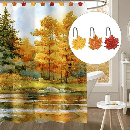 Sunlit Fall Autumn Decorative Shower Curtain Hooks, Pumpkin Maple Leaf Squirrel Acorn Shower Curtain Rings, Resin, Orange Leaves Cute Bathroom Curtain Hangers Decoration, Set of 12