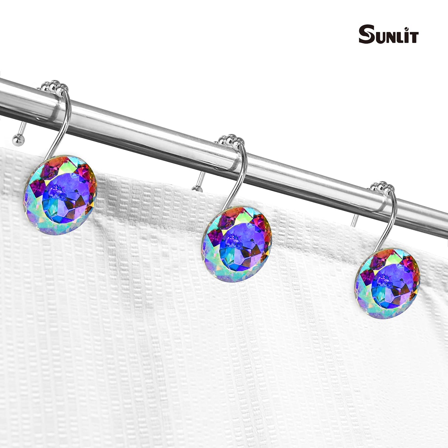 Sunlit Luxury Design Round Clear Diamond Crystal Gem Bling with Glide Balls Shower Curtain Hooks, Rust Proof Metal Rhinestones Glam Shower Curtain Rings, Set of 12