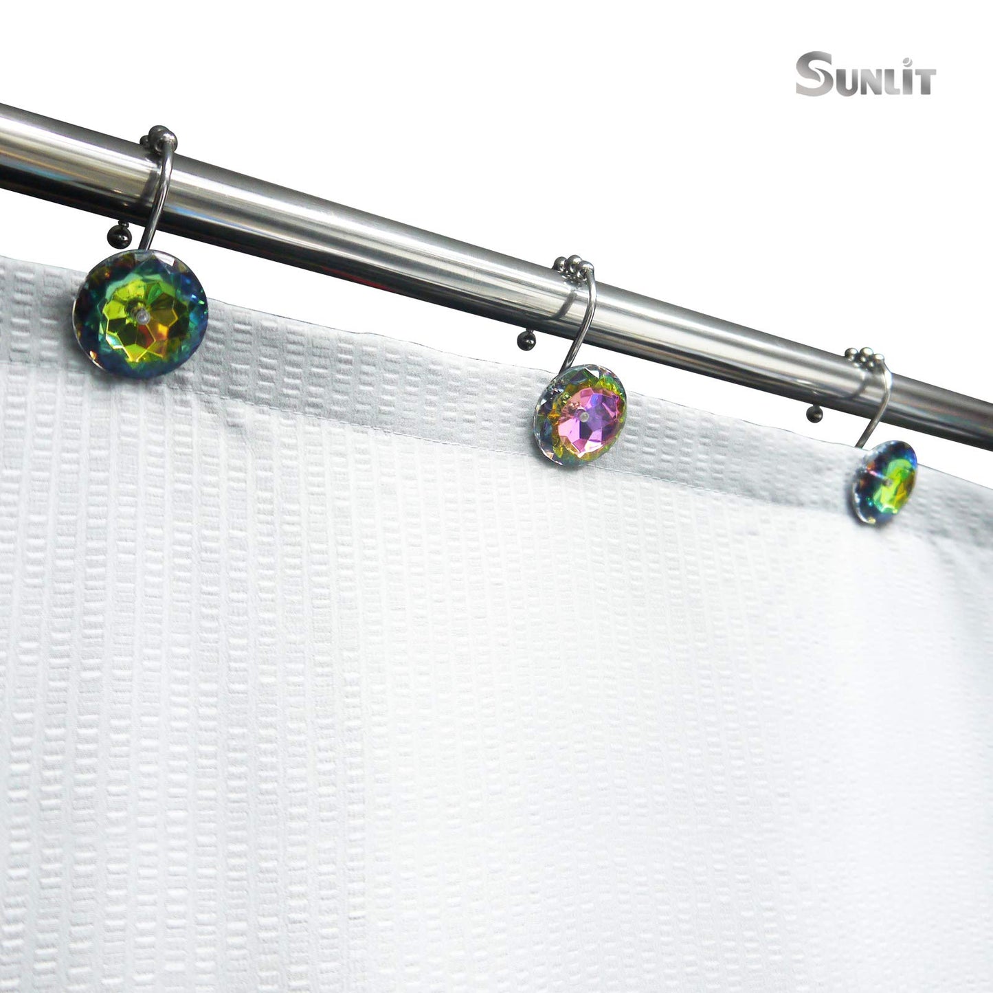 Sunlit Luxury Design Round Clear Diamond Crystal Gem Bling with Glide Balls Shower Curtain Hooks, Rust Proof Metal Rhinestones Glam Shower Curtain Rings, Set of 12