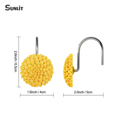 Sunlit Decorative Floral Shower Curtain Hooks, Dahlia Pinnata Flower Shower Curtain Rings, Resin, Bathroom Decoration Yellow Shower Curtain Hooks-12 Pack