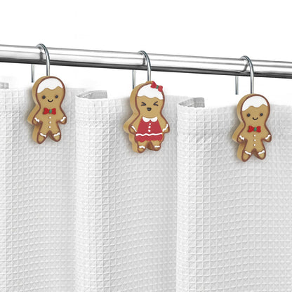 Sunlit Christmas Decorative Shower Curtain Hooks, Cute Gingerbread Man Cookie Shower Curtain Rings, Xmas Winter Holiday Bathroom Decoration for Kids Girls Boys Children, Resin, Set of 12