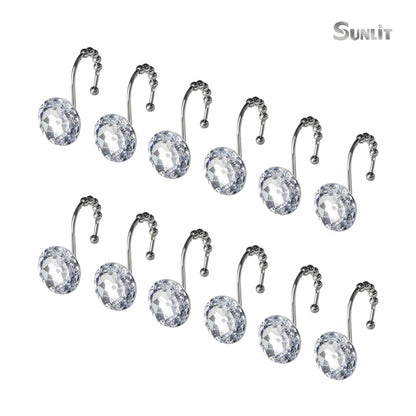 Sunlit Luxury Design Round Clear Diamond Crystal Gem Bling with Glide Balls Shower Curtain Hooks, Rust Proof Metal Rhinestones Glam Shower Curtain Rings, Set of 12