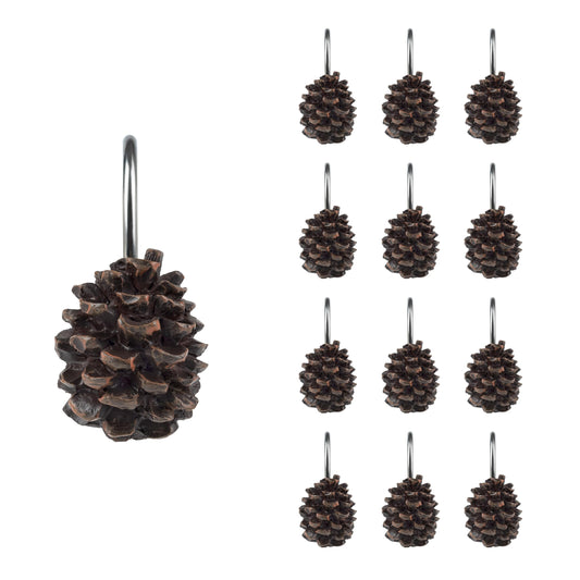 Sunlit Pinecone Decorative Shower Curtain Hooks, Brown Pine Cone Shower Curtain Rings, Resin, Winter Christmas Theme Bathroom Decoration, Set of 12
