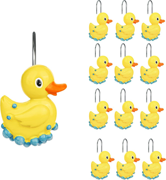 Sunlit Cute Shower Curtain Hooks for Kids, Home Decorative Bubble Duck Shower Curtain Rings for Bathroom, Resin, Fun Shower Curtain Hanger Hooks for Living Room, Set of 12, Yellow