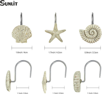 Sunlit Seashells Starfish Conch Decorative Shower Curtain Hooks, Natural Sand and Stone Ocean Creatures Coastal Shower Curtain Rings, Nautical Bathroom Decoration Beach Shower Curtain Hooks-12 Pack