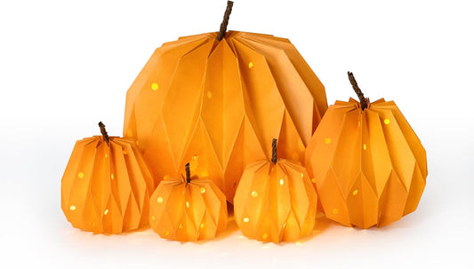 Sunlit Pumpkin Decor with Fairy Lights, Set of 5, Farmhouse Fall Decorations for Home, Pumpkin Centerpiece Table Decorations, Thanksgiving Table Decor, Small Paper Lamp (Batteries Included)