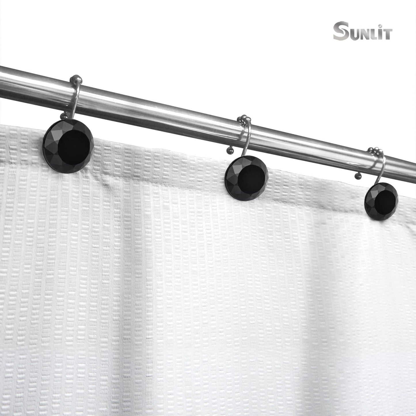 Sunlit Luxury Design Round Clear Diamond Crystal Gem Bling with Glide Balls Shower Curtain Hooks, Rust Proof Metal Rhinestones Glam Shower Curtain Rings, Set of 12