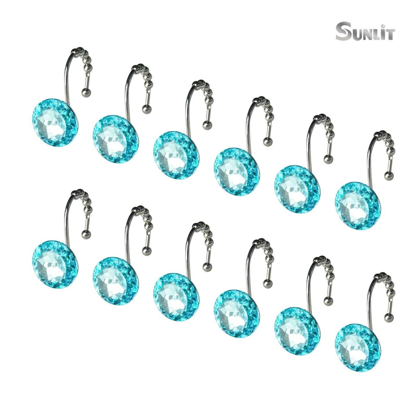 Sunlit Luxury Design Round Clear Diamond Crystal Gem Bling with Glide Balls Shower Curtain Hooks, Rust Proof Metal Rhinestones Glam Shower Curtain Rings, Set of 12