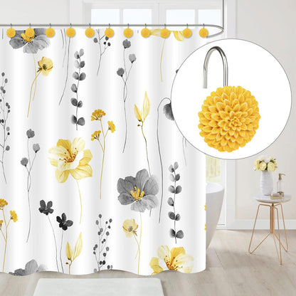 Sunlit Decorative Floral Shower Curtain Hooks, Dahlia Pinnata Flower Shower Curtain Rings, Resin, Bathroom Decoration Yellow Shower Curtain Hooks-12 Pack