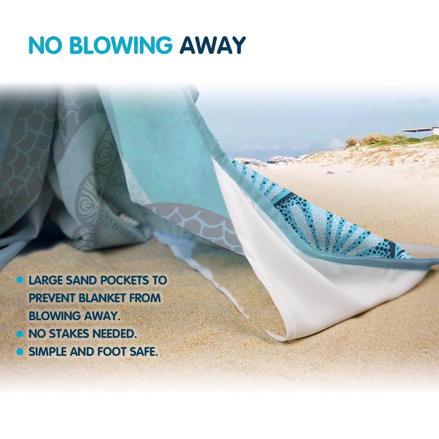 Sunlit 106"x81" Large Soft Sand Poof Beach Blanket with Corner Pockets and Mesh Bag for Beach Party, Travel, Camping and Outdoor Picnic, Light Weight and Portable, Sea Turtle Blue Wave