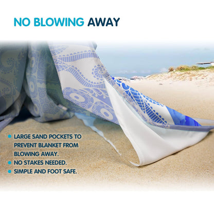 Sunlit 106"x81" Large Soft Sand Poof Beach Blanket with Corner Pockets and Mesh Bag for Beach Party, Travel, Camping and Outdoor Picnic, Light Weight and Portable, Sea Turtle Blue Wave