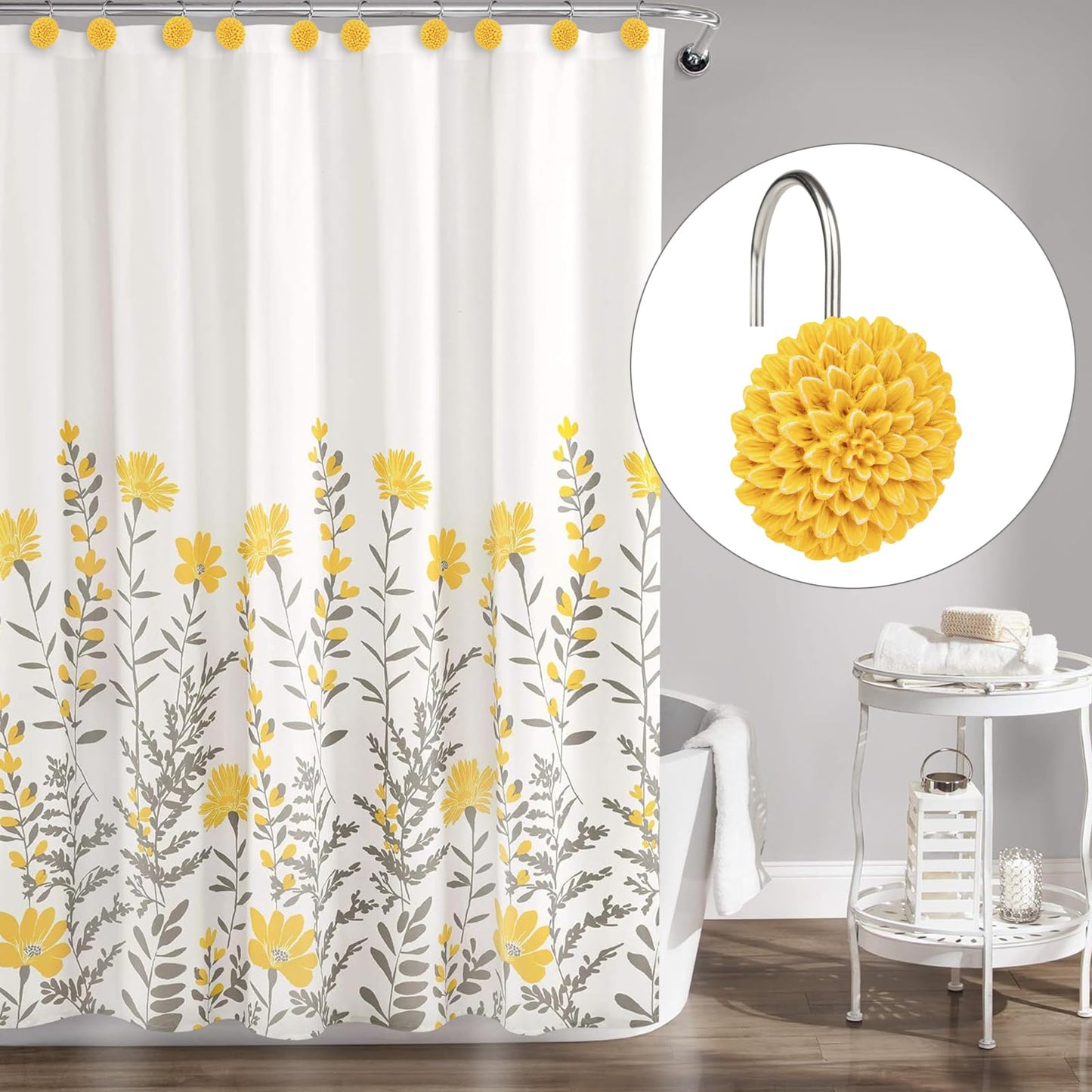 Sunlit Decorative Floral Shower Curtain Hooks, Dahlia Pinnata Flower Shower Curtain Rings, Resin, Bathroom Decoration Yellow Shower Curtain Hooks-12 Pack