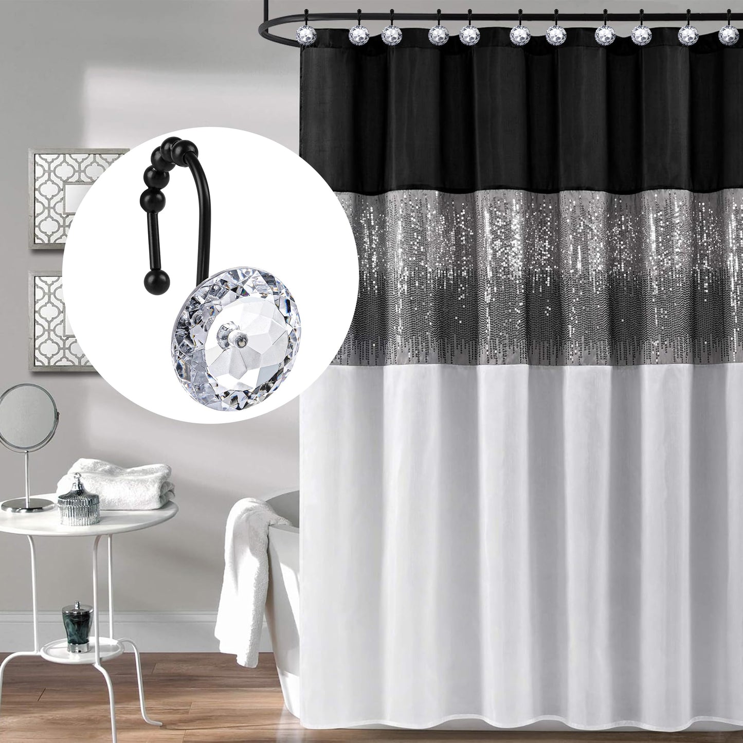 Sunlit Luxury Design Round Clear Diamond Crystal Gem Bling with Glide Balls Shower Curtain Hooks, Rust Proof Metal Rhinestones Glam Shower Curtain Rings, Set of 12