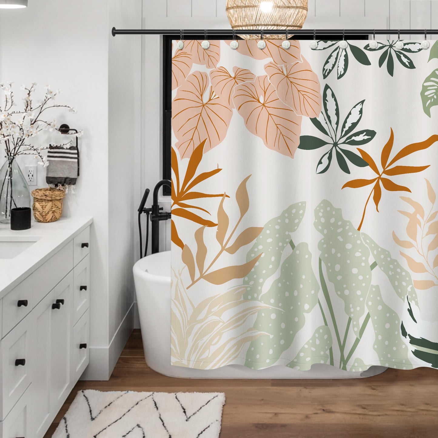 Sunlit Boho Plant Textured Slubbed Fabric Shower Curtain, Mid Century Modern Banana Leaf Shower Curtains for Bathroom Decoration, Abstract Botanical Bathroom Curtains, 71x71