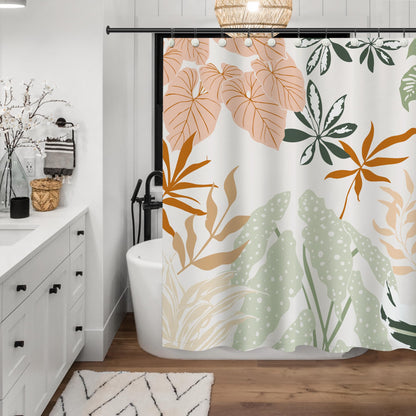 Sunlit Boho Plant Textured Slubbed Fabric Shower Curtain, Mid Century Modern Banana Leaf Shower Curtains for Bathroom Decoration, Abstract Botanical Bathroom Curtains, 71x71