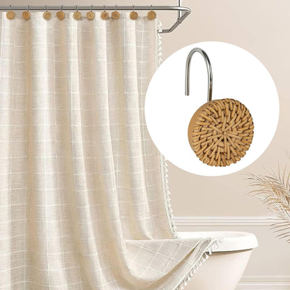 Sunlit Boho Decorative Shower Curtain Hooks, Woven Wicker Ratten Shower Curtain Rings for Bathroom, Farmhouse Shower Curtain Hangers Bathroom Accessories, Set of 12