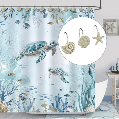 Sunlit Seashells Starfish Conch Decorative Shower Curtain Hooks, Natural Sand and Stone Ocean Creatures Coastal Shower Curtain Rings, Nautical Bathroom Decoration Beach Shower Curtain Hooks-12 Pack