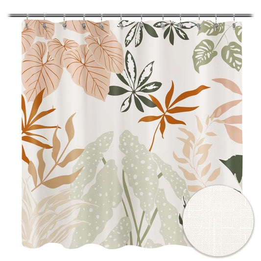 Sunlit Boho Plant Textured Slubbed Fabric Shower Curtain, Mid Century Modern Banana Leaf Shower Curtains for Bathroom Decoration, Abstract Botanical Bathroom Curtains, 71x71