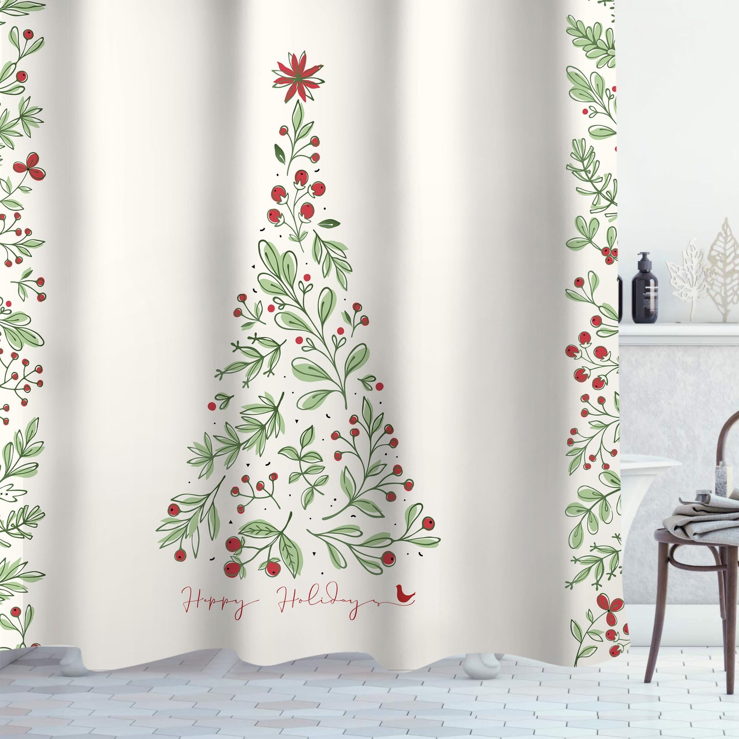 Sunlit Christmas Shower Curtain, Green Xmas Pine Tree with Red Star Ornament Holiday Farmhouse Decorations, Festive Bathroom Fabric Shower Curtain, Home Decor Tapestry