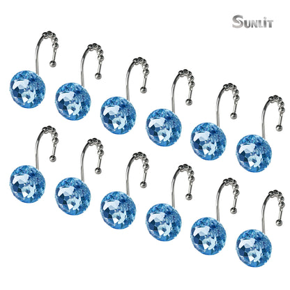 Sunlit Luxury Design Round Clear Diamond Crystal Gem Bling with Glide Balls Shower Curtain Hooks, Rust Proof Metal Rhinestones Glam Shower Curtain Rings, Set of 12