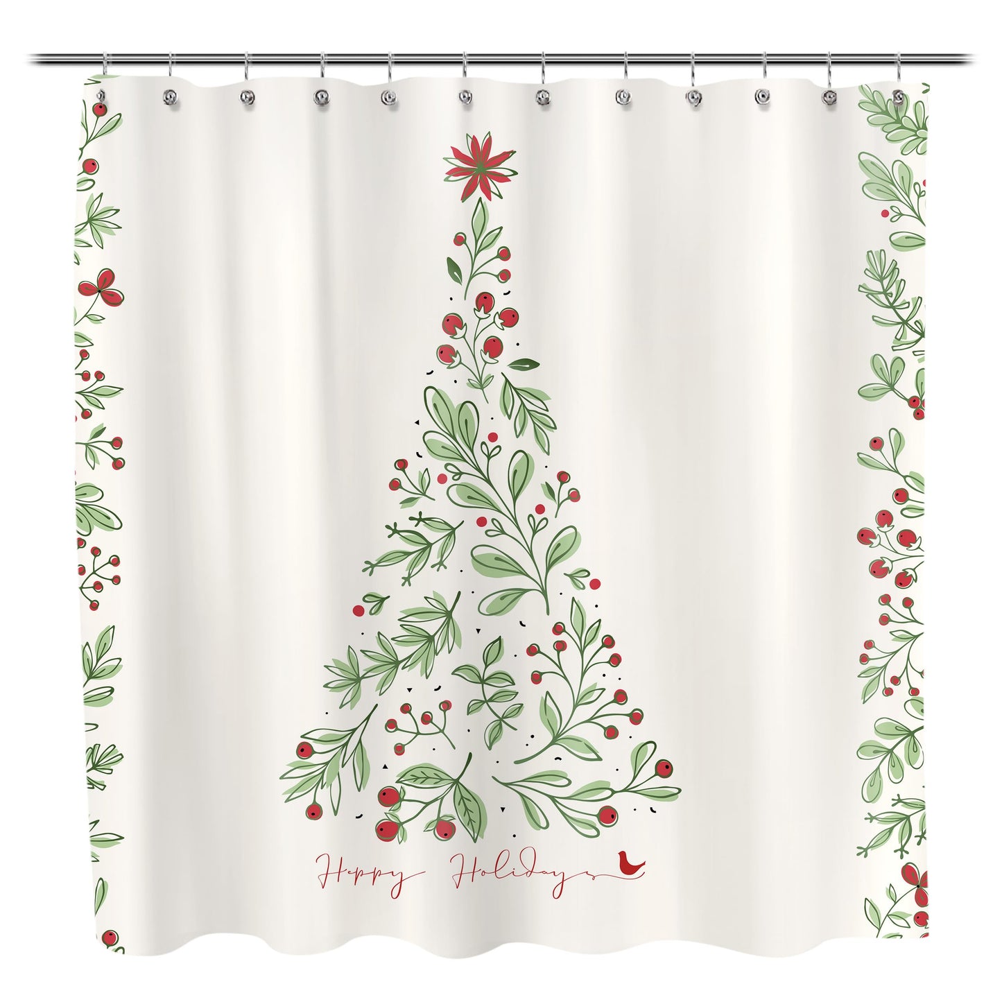 Sunlit Christmas Shower Curtain, Green Xmas Pine Tree with Red Star Ornament Holiday Farmhouse Decorations, Festive Bathroom Fabric Shower Curtain, Home Decor Tapestry