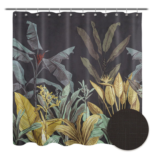 Sunlit Black Textured Slubbed Fabric Shower Curtain, Green Banana Leaf Shower Curtains for Bathroom Decoration, Tropical Plant Bathroom Curtains, 71x71