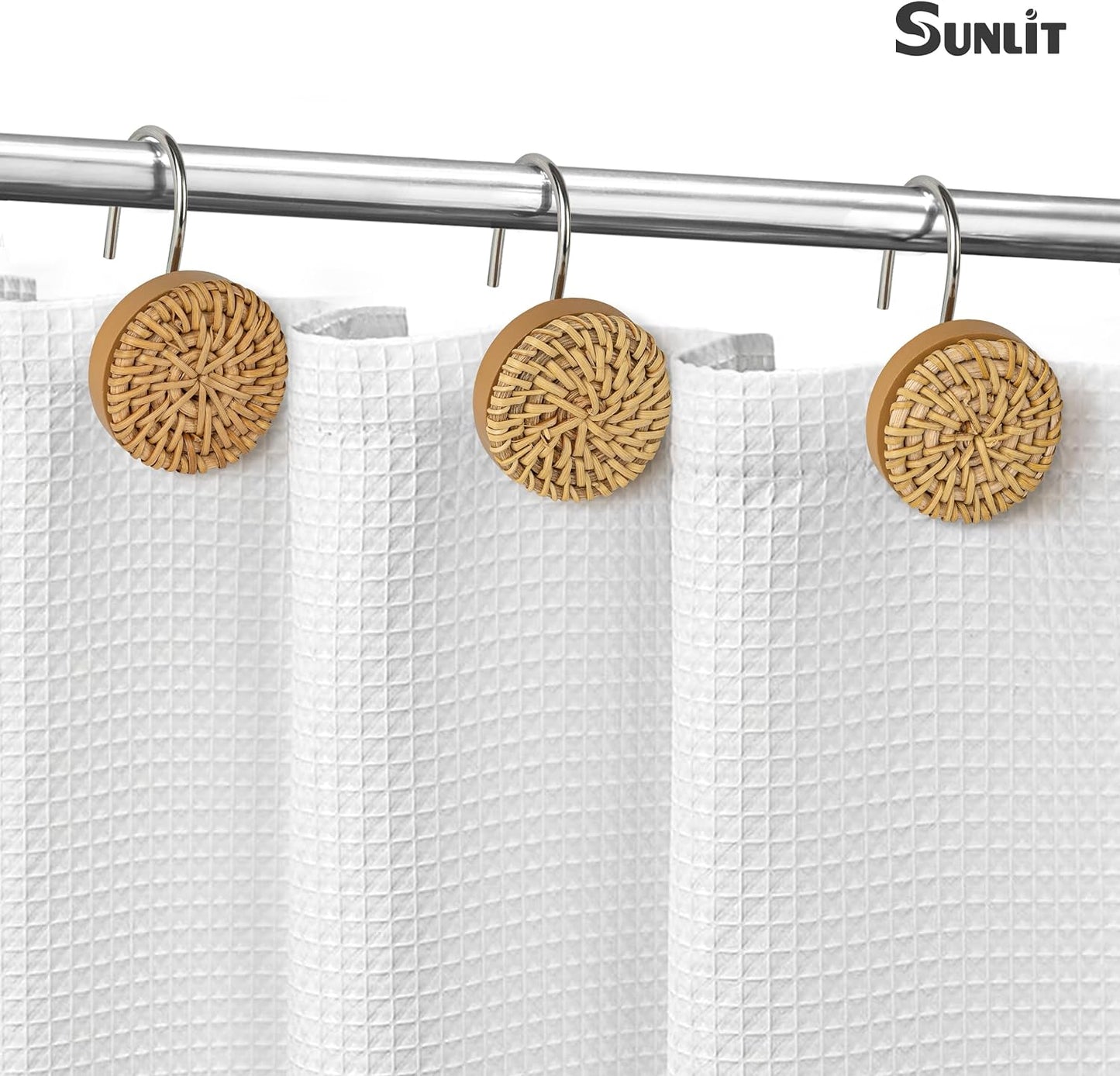 Sunlit Boho Shower Curtain Hooks, Woven Wicker Ratten Decorative Shower Curtain Rings for Bathroom, Farmhouse Shower Curtain Hangers Bathroom Accessories, Set of 12