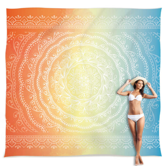 Sunlit 10'x9' Extra Large Boho Sand Proof Beach Blanket, Sand Proof Mat with Corner Pockets and Mesh Bag for Beach Party, Travel, Camping and Outdoor Music Festival, Light Orange and Sky Blue Mandala