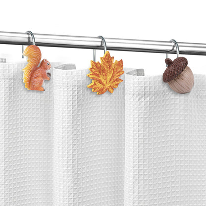 Sunlit Fall Autumn Decorative Shower Curtain Hooks, Pumpkin Maple Leaf Squirrel Acorn Shower Curtain Rings, Resin, Orange Leaves Cute Bathroom Curtain Hangers Decoration, Set of 12