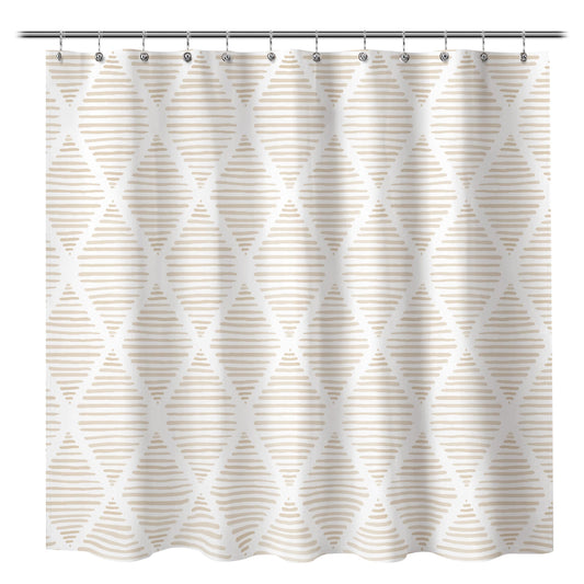 Sunlit Boho Textured Slubbed Fabric Shower Curtain, Organic Modern Geometric Striped Shower Curtains for Bathroom Decoration, Beige and White Rhombus Shower Curtains, 71x71