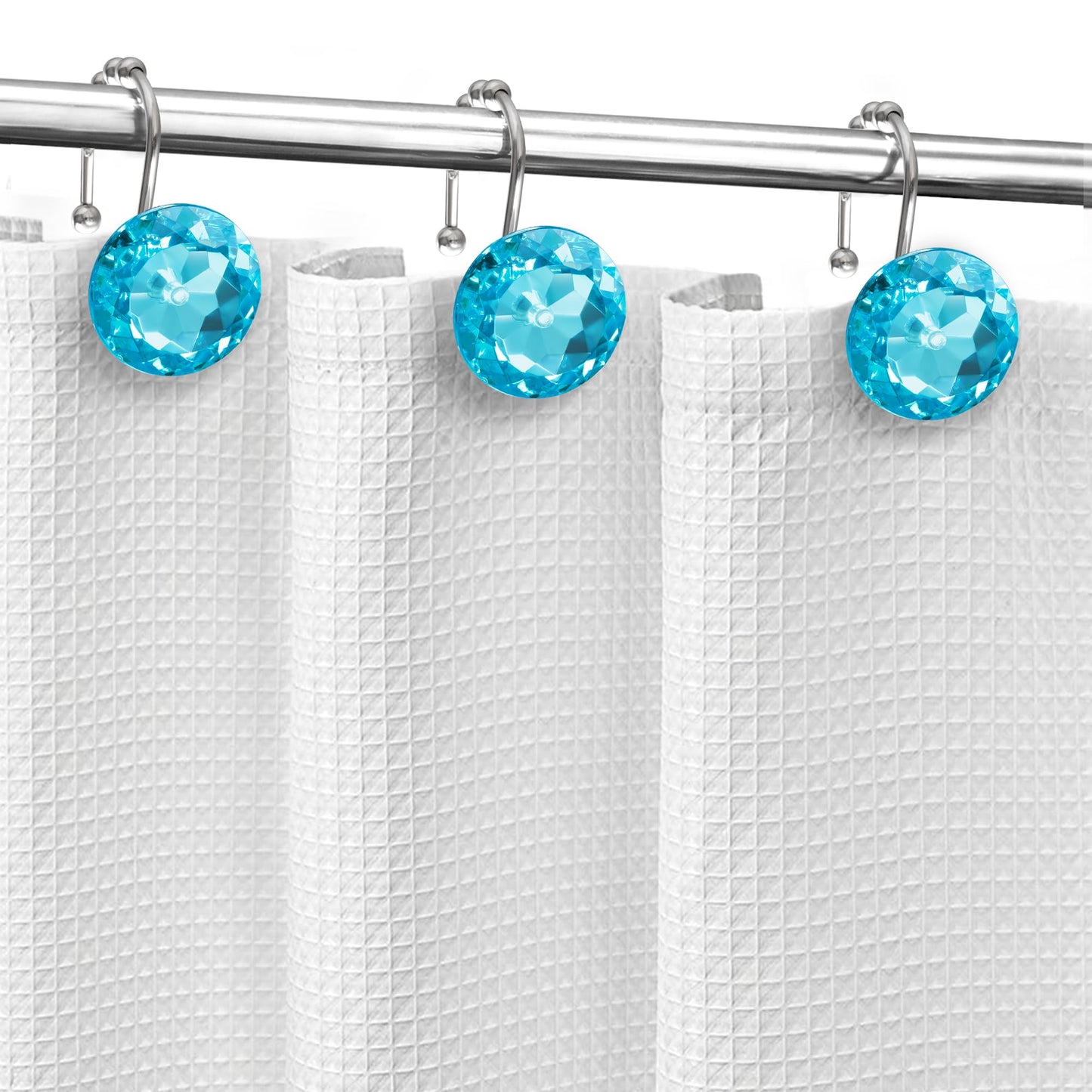 Sunlit Luxury Design Round Clear Diamond Crystal Gem Bling with Glide Balls Shower Curtain Hooks, Rust Proof Metal Rhinestones Glam Shower Curtain Rings, Set of 12