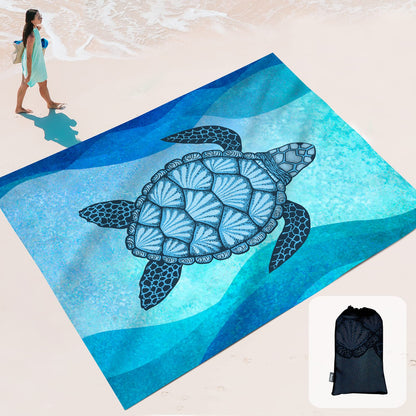 Sunlit 106"x81" Large Soft Sand Poof Beach Blanket with Corner Pockets and Mesh Bag for Beach Party, Travel, Camping and Outdoor Picnic, Light Weight and Portable, Sea Turtle Blue Wave