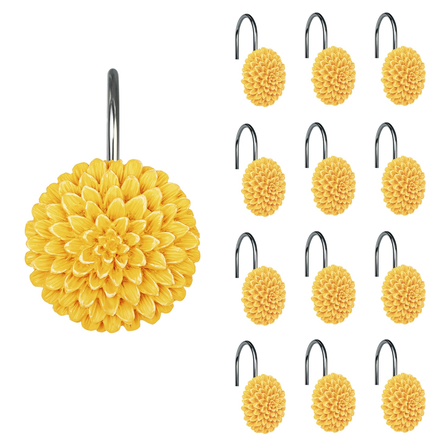 Sunlit Decorative Floral Shower Curtain Hooks, Dahlia Pinnata Flower Shower Curtain Rings, Resin, Bathroom Decoration Yellow Shower Curtain Hooks-12 Pack