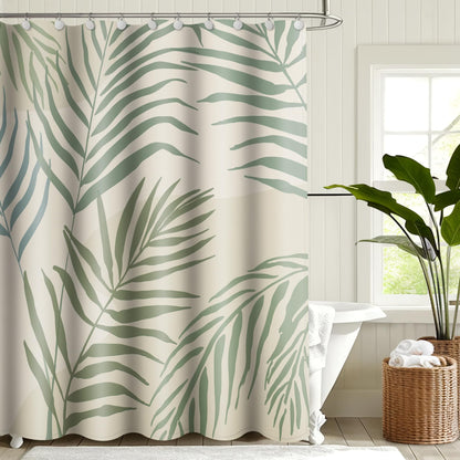 Sunlit Sage Green Textured Slubbed Fabric Shower Curtain, Mid Century Modern Palm Leaf Shower Curtains for Bathroom Decoration,Boho Botanical Bathroom Curtains, 71x71