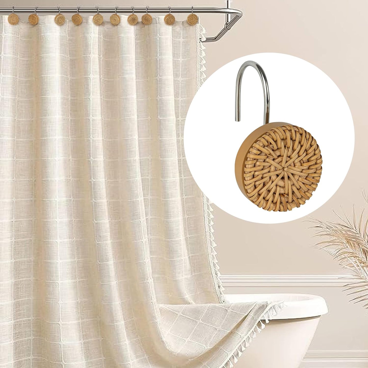 Sunlit Boho Shower Curtain Hooks, Woven Wicker Ratten Decorative Shower Curtain Rings for Bathroom, Farmhouse Shower Curtain Hangers Bathroom Accessories, Set of 12