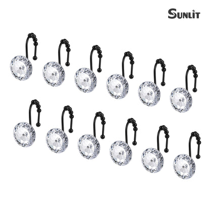 Sunlit Luxury Design Round Clear Diamond Crystal Gem Bling with Glide Balls Shower Curtain Hooks, Rust Proof Metal Rhinestones Glam Shower Curtain Rings, Set of 12