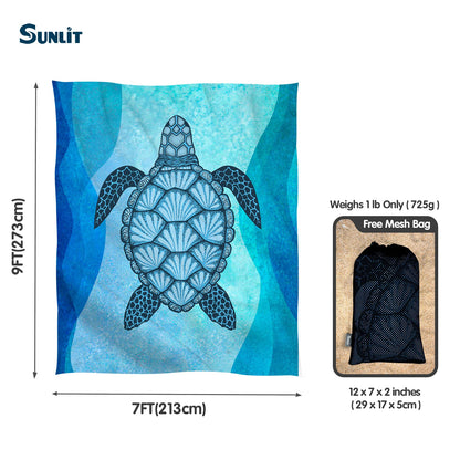 Sunlit 106"x81" Large Soft Sand Poof Beach Blanket with Corner Pockets and Mesh Bag for Beach Party, Travel, Camping and Outdoor Picnic, Light Weight and Portable, Sea Turtle Blue Wave