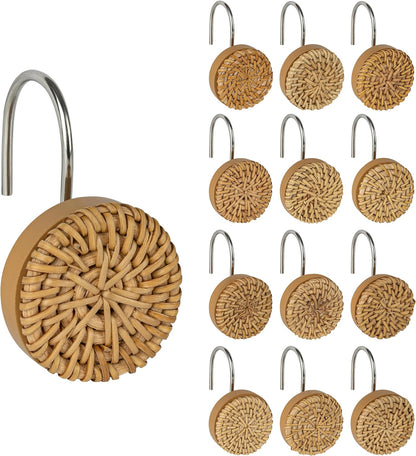 Sunlit Boho Shower Curtain Hooks, Woven Wicker Ratten Decorative Shower Curtain Rings for Bathroom, Farmhouse Shower Curtain Hangers Bathroom Accessories, Set of 12