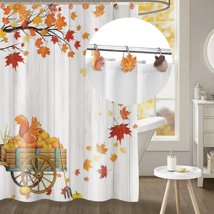 Sunlit Fall Autumn Decorative Shower Curtain Hooks, Pumpkin Maple Leaf Squirrel Acorn Shower Curtain Rings, Resin, Orange Leaves Cute Bathroom Curtain Hangers Decoration, Set of 12