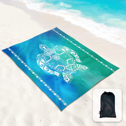 Sunlit 106"x81" Large Soft Sand Poof Beach Blanket with Corner Pockets and Mesh Bag for Beach Party, Travel, Camping and Outdoor Picnic, Light Weight and Portable, Sea Turtle Blue Wave