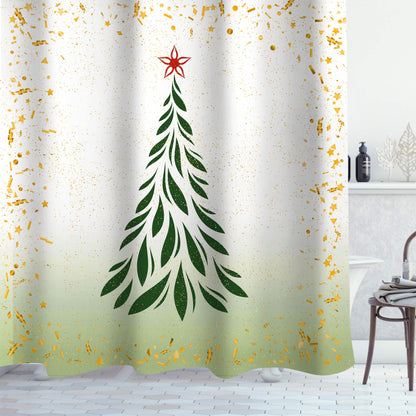 Sunlit Christmas Shower Curtain, Green Xmas Pine Tree with Red Star Ornament Holiday Farmhouse Decorations, Festive Bathroom Fabric Shower Curtain, Home Decor Tapestry