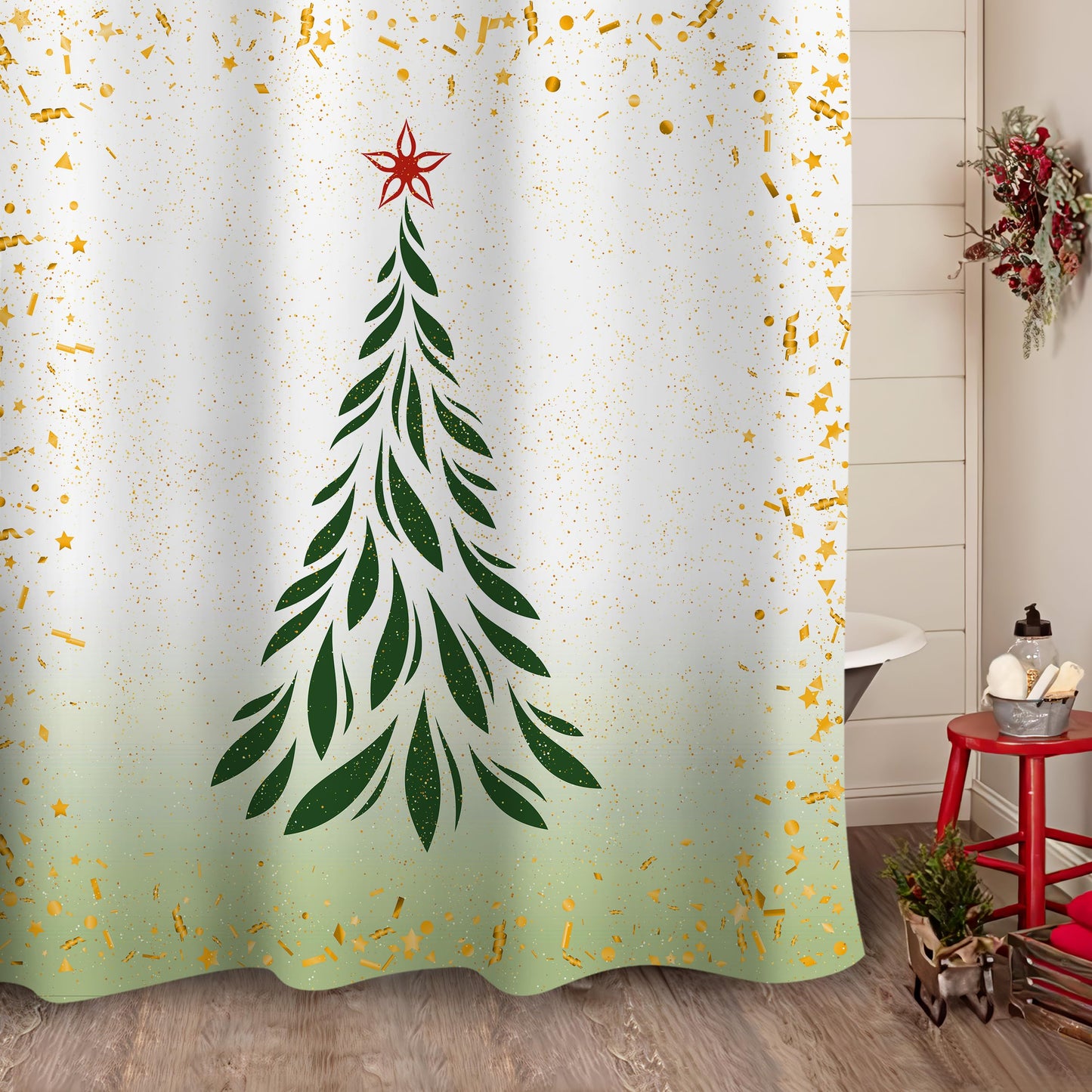 Sunlit Christmas Shower Curtain, Green Xmas Pine Tree with Red Star Ornament Holiday Farmhouse Decorations, Festive Bathroom Fabric Shower Curtain, Home Decor Tapestry