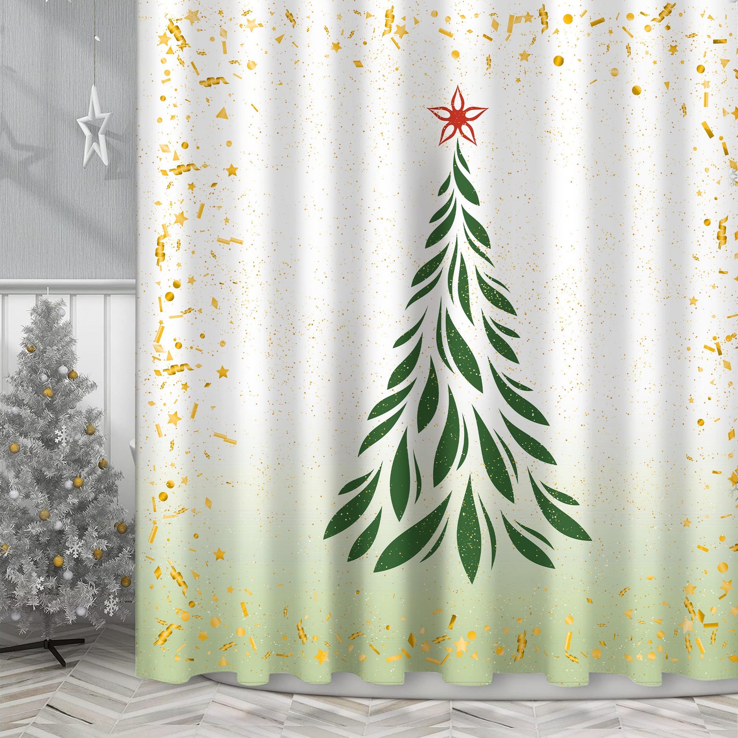 Sunlit Christmas Shower Curtain, Green Xmas Pine Tree with Red Star Ornament Holiday Farmhouse Decorations, Festive Bathroom Fabric Shower Curtain, Home Decor Tapestry